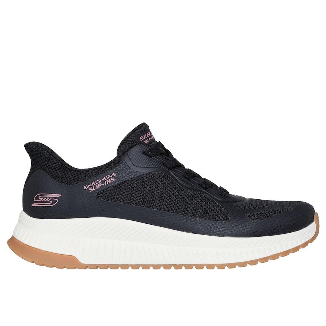 Skechers Bobs Squad 4 Ladies black lace-up trainers with mesh upper and white rubber sole.