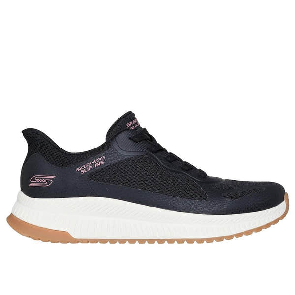 Skechers Bobs Squad 4 Ladies black lace-up trainers with mesh upper and white rubber sole.