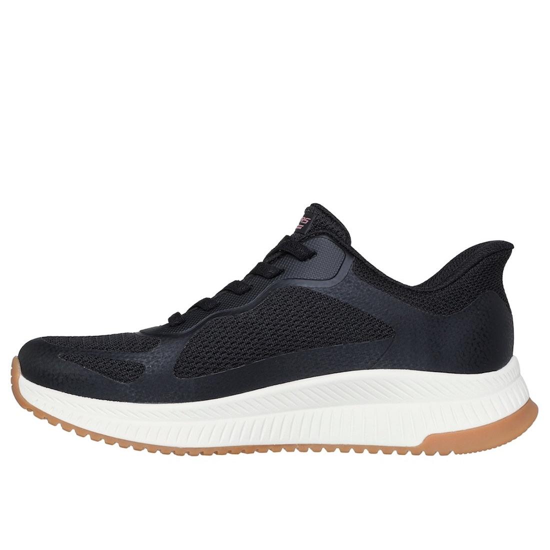 Skechers Bobs Squad 4 Ladies Black Lace-Up Trainers, sporty athletic shoes with breathable mesh upper and cushioned sole.
