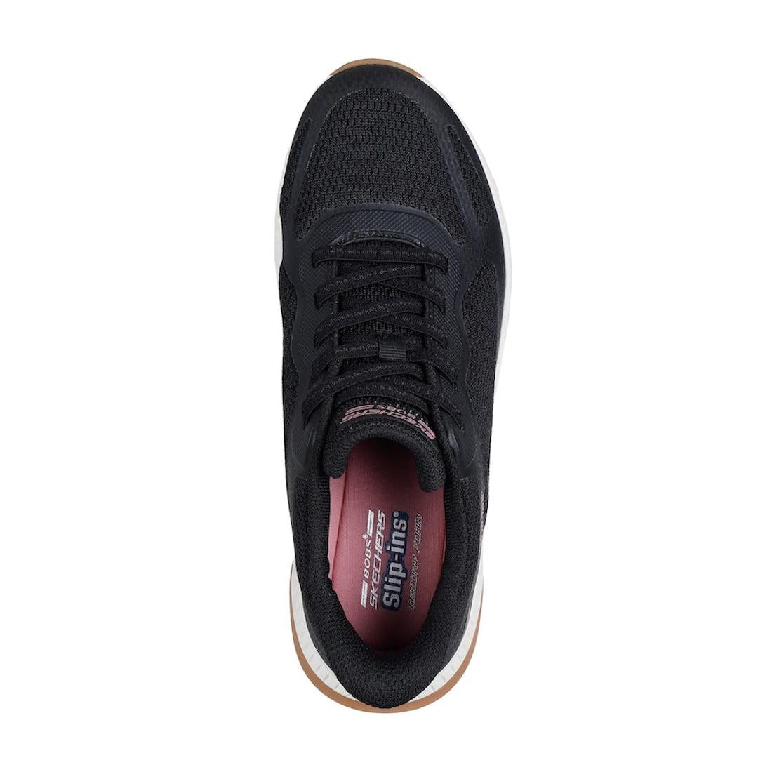 Skechers BOBS Squad 4 Ladies' black lace-up trainers with breathable mesh upper and cushioned insole.