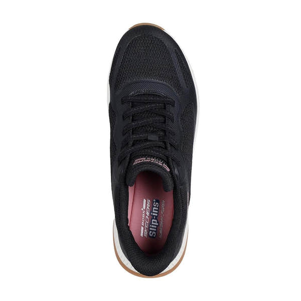Skechers BOBS Squad 4 Ladies' black lace-up trainers with breathable mesh upper and cushioned insole.
