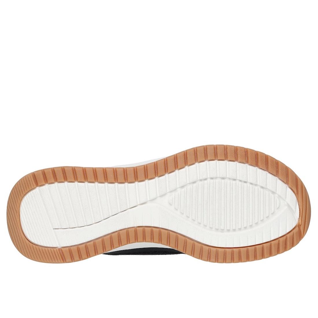 Skechers Bobs Squad 4 Ladies Black Lace-Up Trainers with white and tan rubber sole, stylish casual footwear.