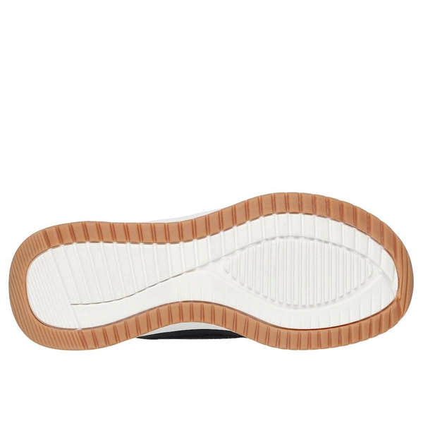 Skechers Bobs Squad 4 Ladies Black Lace-Up Trainers with white and tan rubber sole, stylish casual footwear.