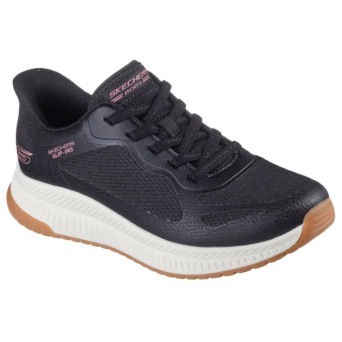 Skechers Bobs Squad 4 Ladies Black Lace-Up Trainers with white and gum sole, breathable mesh, and sporty design.