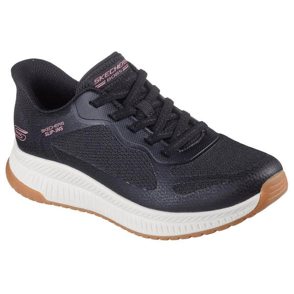 Skechers Bobs Squad 4 Ladies Black Lace-Up Trainers with white and gum sole, breathable mesh, and sporty design.