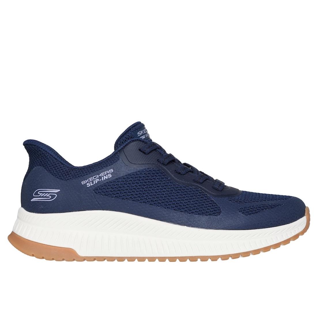 Skechers Bobs Squad 4 ladies navy lace-up trainers with breathable mesh upper and cushioned white midsole.