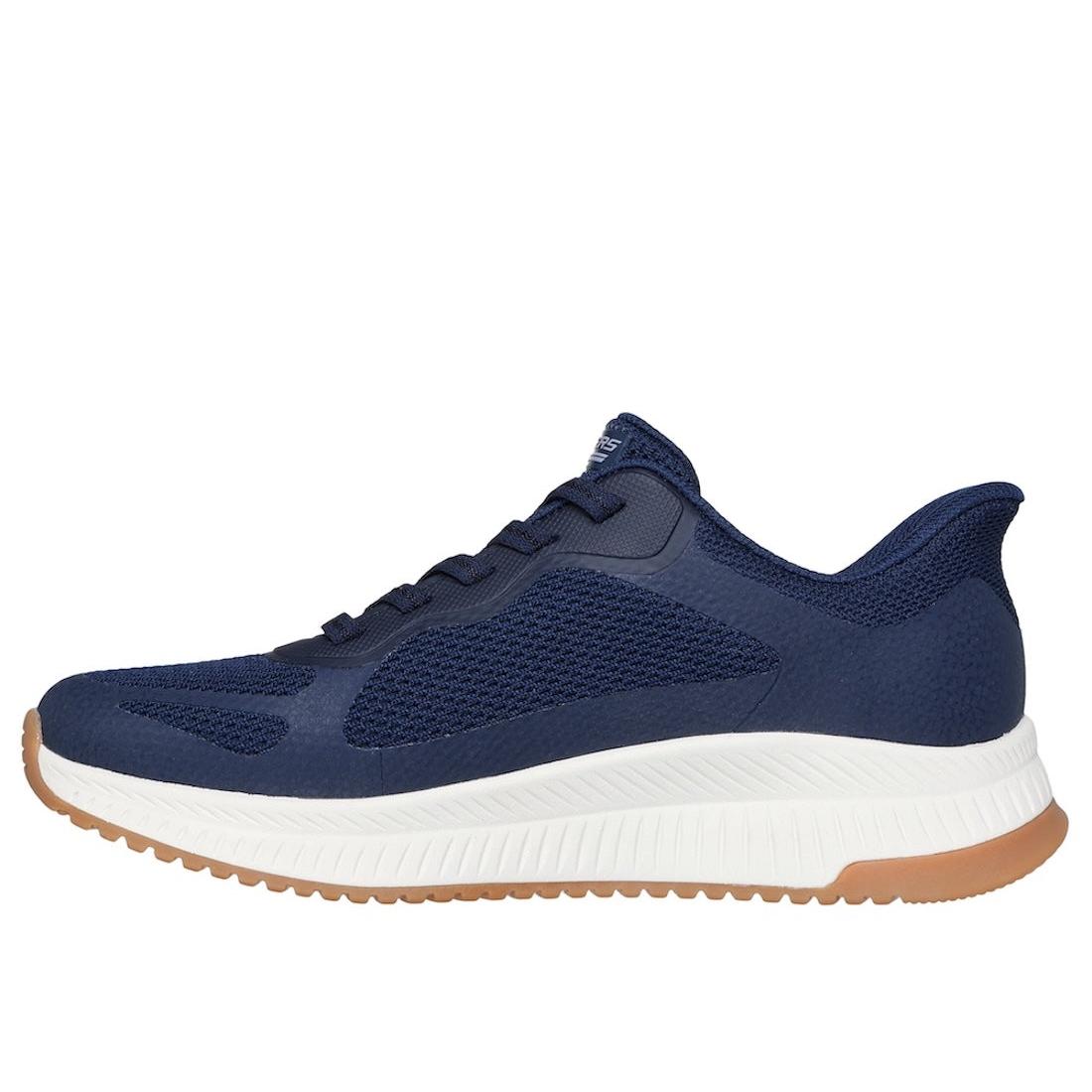 Skechers Bobs Squad 4 ladies navy lace-up trainers, athletic sneakers with mesh upper and cushioned white sole.