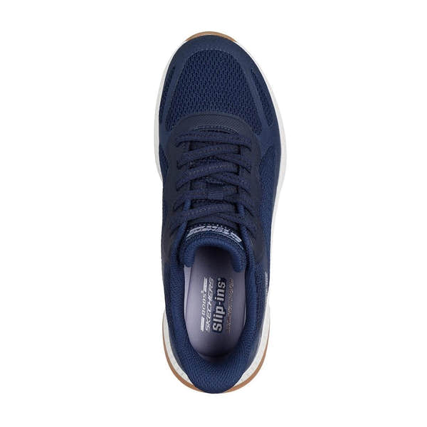 Skechers Bobs Squad 4 Staple Look Ladies Navy Lace-Up Trainers, breathable mesh design, cushioned insole, casual athletic shoe.