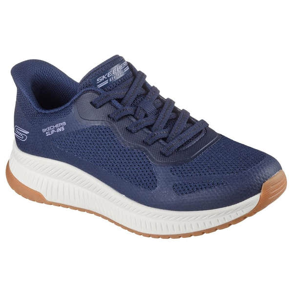Skechers Bobs Squad 4 Ladies Navy Lace-Up Trainers with breathable mesh upper and white cushioned sole.