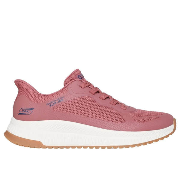 Skechers Bobs Squad 4 Ladies Rose Lace-Up Trainers, breathable mesh upper, cushioned white midsole, rubber outsole for grip.