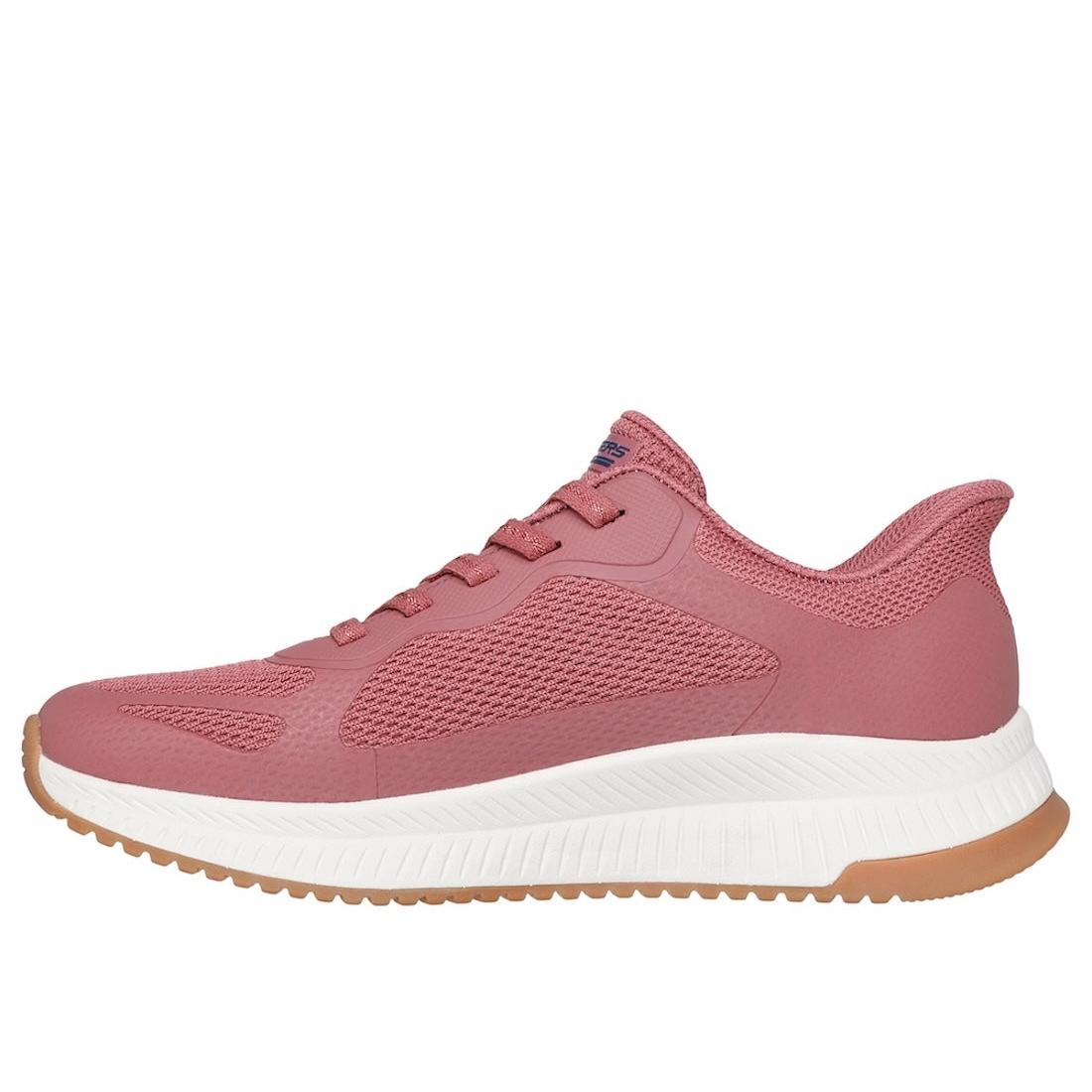 Skechers Bobs Squad 4 Ladies Pink Lace-Up Trainers with mesh details and white sole, stylish and comfortable athletic footwear.