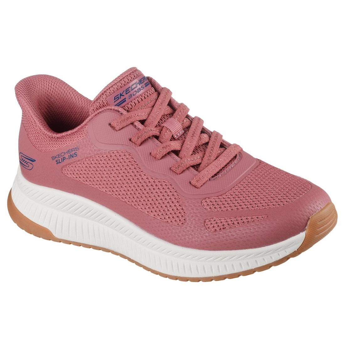 Skechers Bobs Squad 4 ladies pink lace-up trainers with breathable mesh, cushioned sole, and slip-in design.