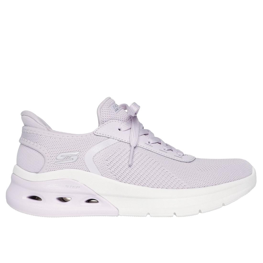 Skechers Bobs Arch Waves 2.0 women's lilac textile lace-up trainers with cushioned sole and breathable mesh upper.