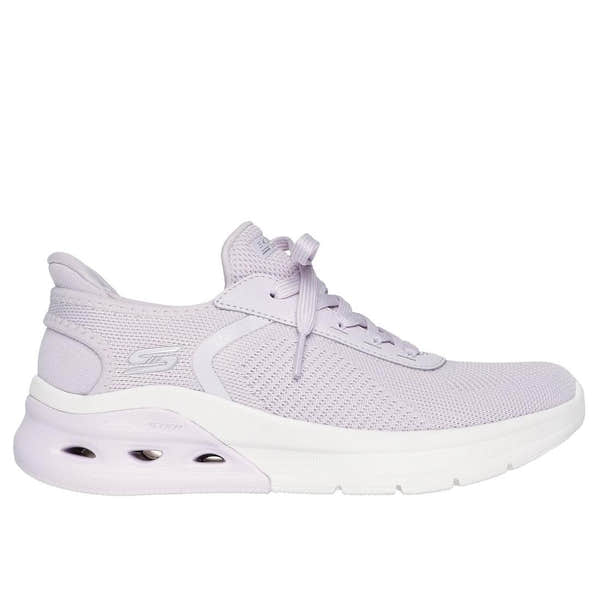 Skechers Bobs Arch Waves 2.0 women's lilac textile lace-up trainers with cushioned sole and breathable mesh upper.