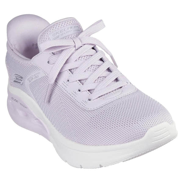 Skechers Bobs Arch Waves 2.0 ladies lilac textile lace-up trainers with cushioned sole and breathable mesh design.