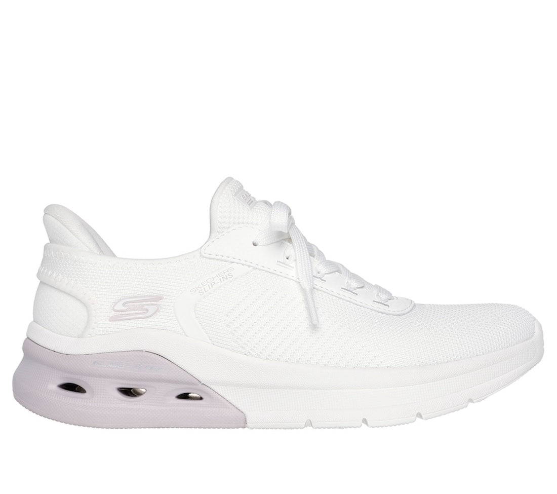 Skechers Bobs Arch Waves 2.0 women's off-white textile lace-up trainers with cushioned sole and sporty design.