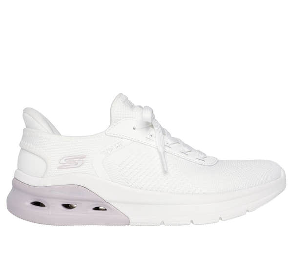 Skechers Bobs Arch Waves 2.0 women's off-white textile lace-up trainers with cushioned sole and sporty design.