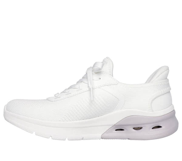Skechers Bobs Arch Waves 2.0 women's off-white textile lace-up trainers with cushioned sole and visible air cushion in the heel.