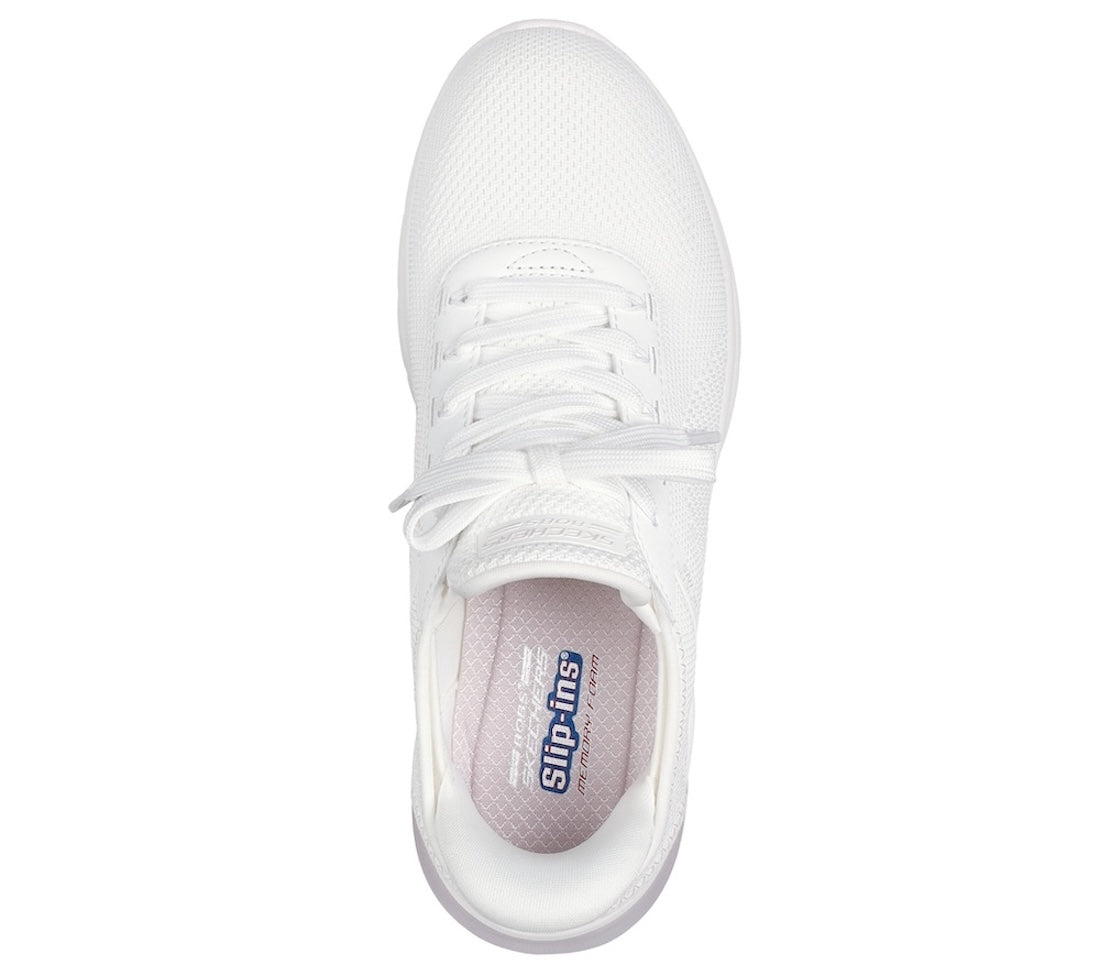 Skechers Bobs Arch Waves 2.0 women's off-white textile lace-up trainers with mesh upper and cushioned insoles.