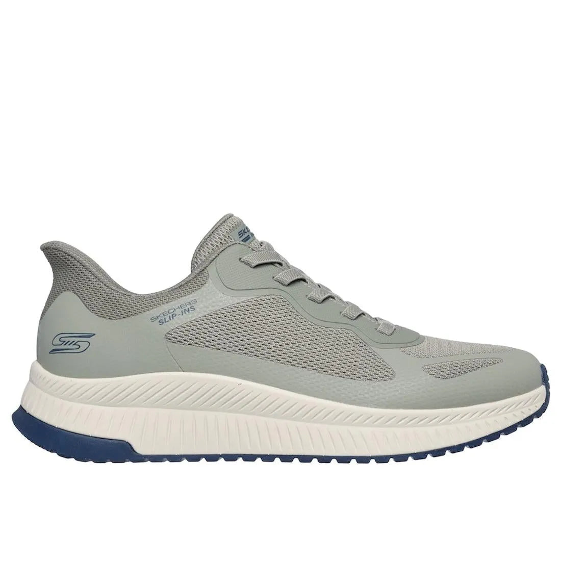 Skechers BOBS Squad 4 men's olive lace-up athletic trainers with breathable mesh upper and cushioned white midsole.