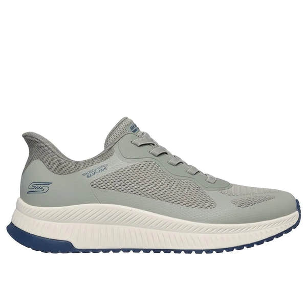 Skechers BOBS Squad 4 men's olive lace-up athletic trainers with breathable mesh upper and cushioned white midsole.