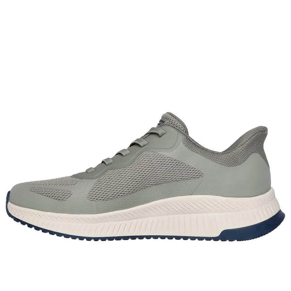 Skechers BOBS Squad 4 men's olive lace-up trainers with breathable mesh upper and white cushioned sole.