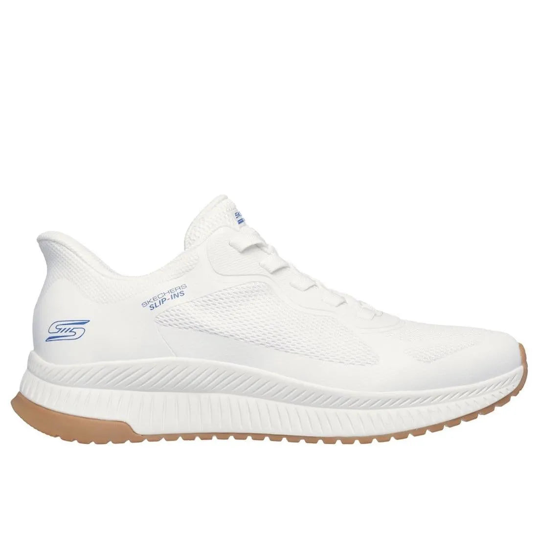 White Skechers men's Slip-Ins BOBS Squad 4 lace-up trainers with breathable mesh upper and tan rubber outsole.