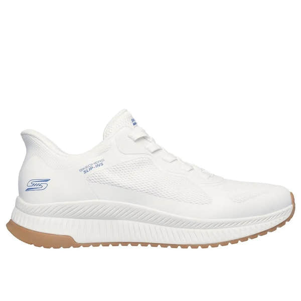 White Skechers men's Slip-Ins BOBS Squad 4 lace-up trainers with breathable mesh upper and tan rubber outsole.