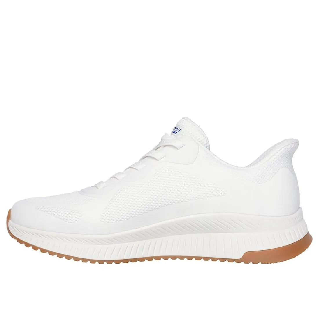 White Skechers BOBS Squad 4 men's lace-up trainers with cushioned sole and gum outsole.