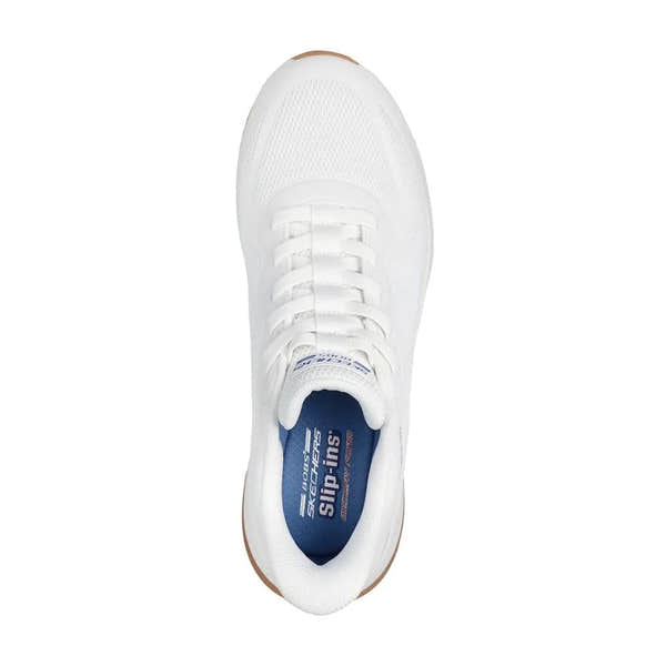 White Skechers men's BOBS Squad 4 lace-up trainers with breathable mesh upper and rubber sole.