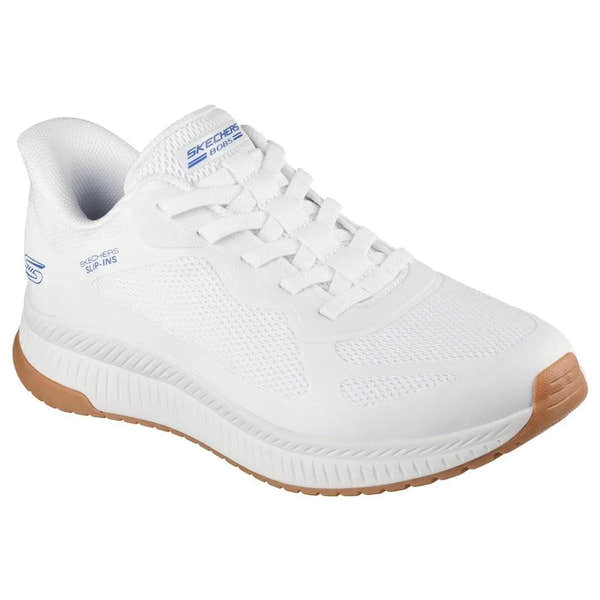 Skechers BOBS Squad 4 men's white lace-up trainers with breathable mesh upper and gum sole.