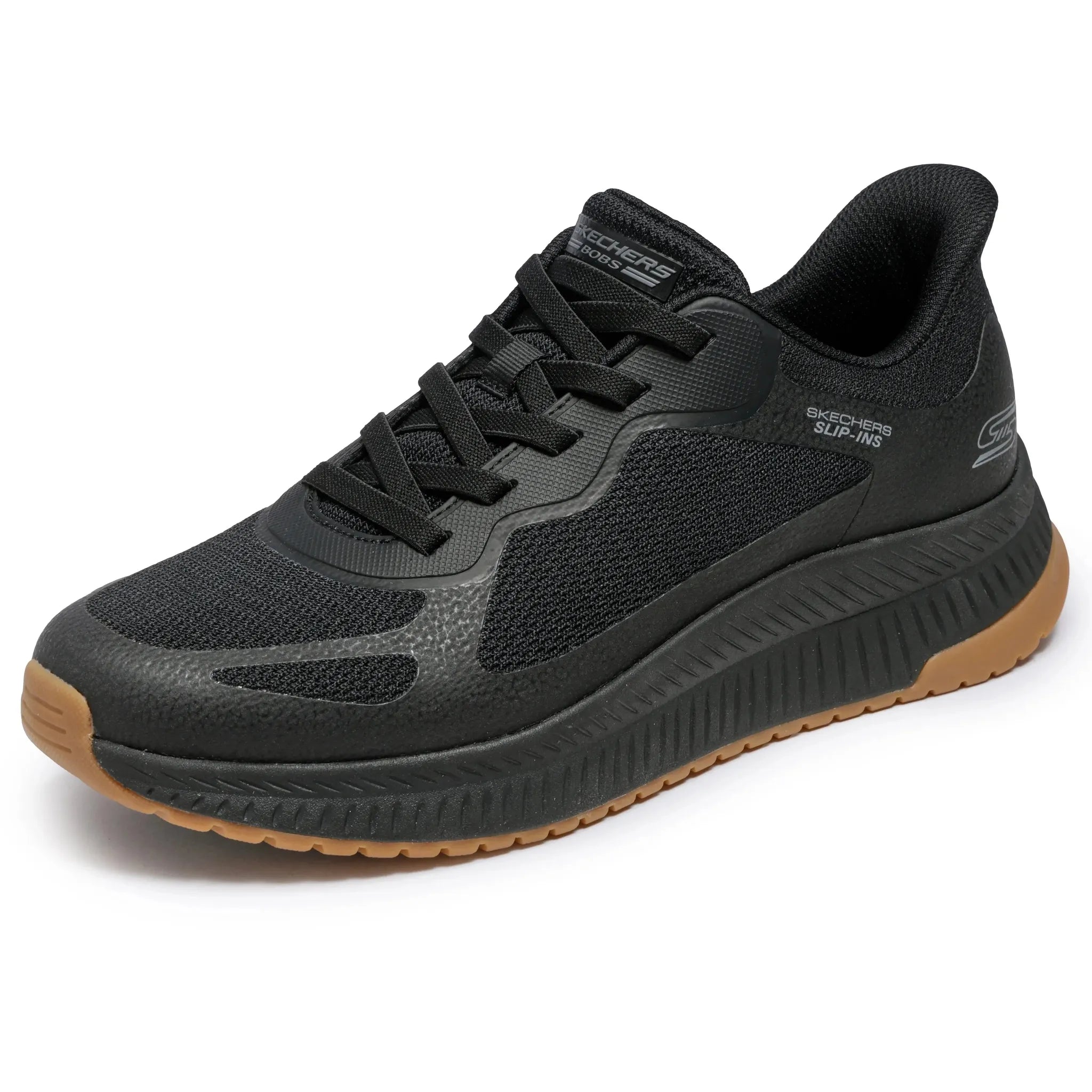Black Skechers BOBS Squad 4 men's slip-on trainers with breathable mesh upper and tan outsole for comfortable casual wear.