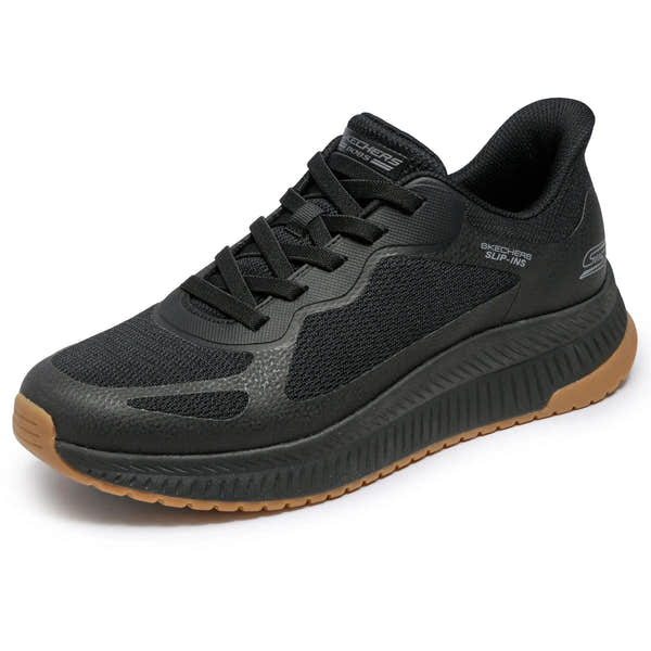 Black Skechers BOBS Squad 4 men's slip-on trainers with breathable mesh upper and tan outsole for comfortable casual wear.