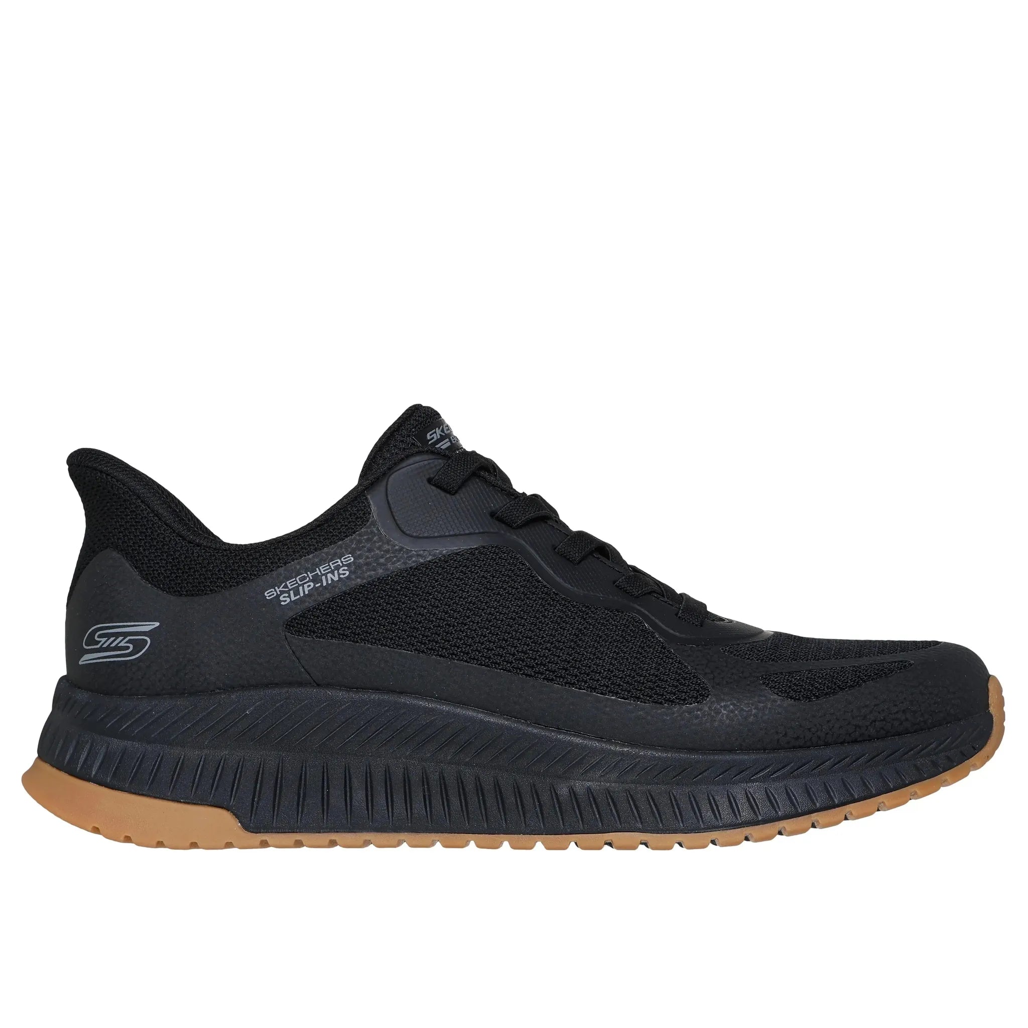 Skechers Bobs Squad 4 men's black slip-on trainers with breathable mesh upper and gum sole.