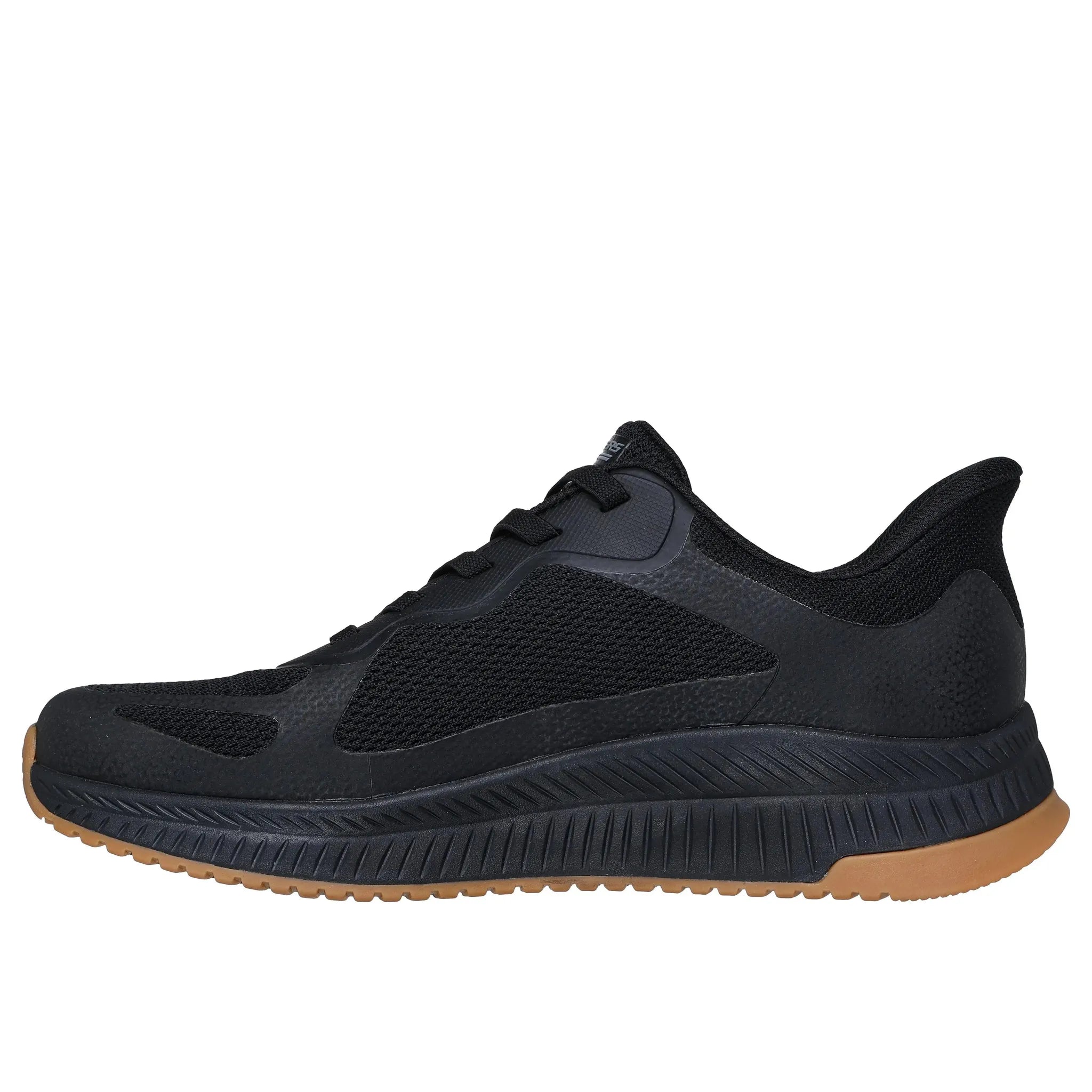 Black Skechers Bobs Squad 4 men's slip-on trainers with cushioned sole and gum rubber outsole.