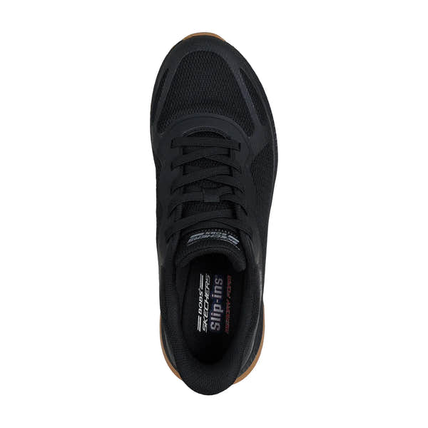 Skechers BOBS Squad 4 men's black slip-on trainers with breathable mesh upper and cushioned sole.