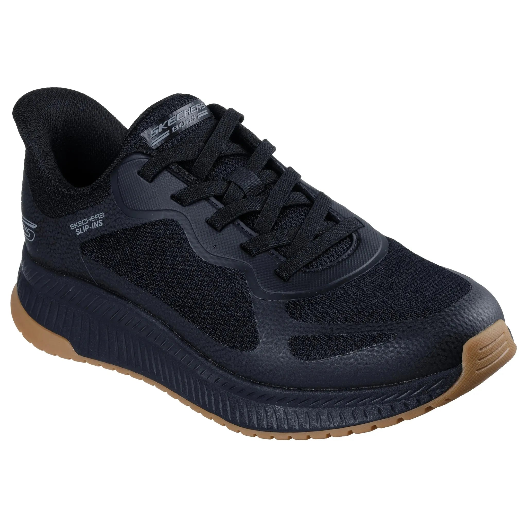 Skechers BOBS Squad 4 men's black slip-on trainers with mesh and synthetic upper, cushioned sole, and tan outsole.