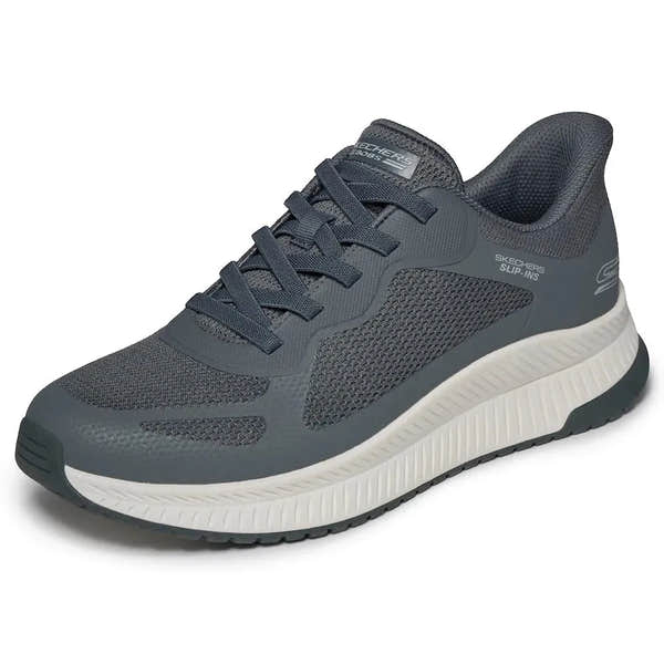 Skechers Bobs Squad 4 Men's Charcoal Slip-On Trainers with cushioned sole and breathable mesh upper.