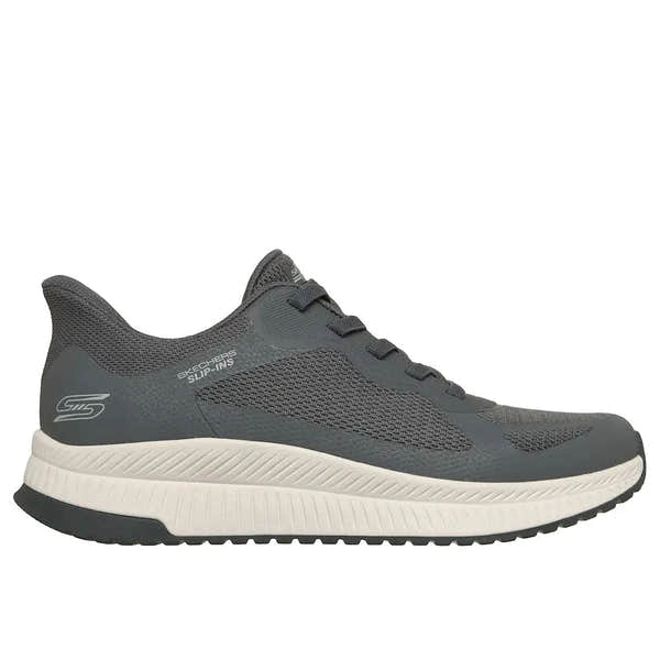 Skechers Bobs Squad 4 men's charcoal slip-on trainers with breathable mesh upper and cushioned white midsole.
