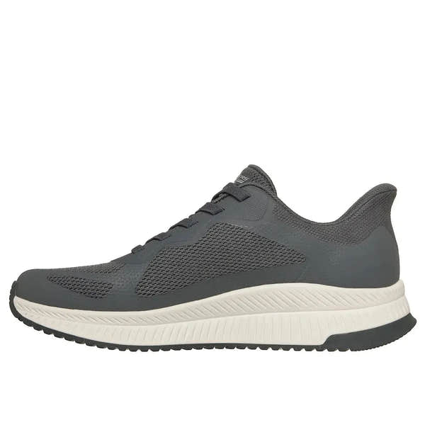 Skechers BOBS Squad 4 men's charcoal slip-on trainers with breathable mesh upper and cushioned white sole.