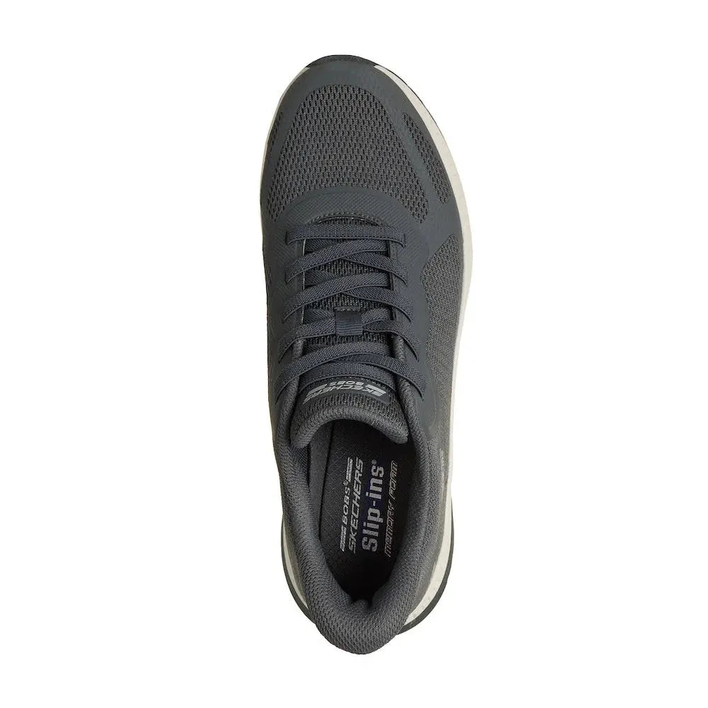 Skechers Bobs Squad 4 men's charcoal slip-on trainers with breathable mesh upper and cushioned insole.