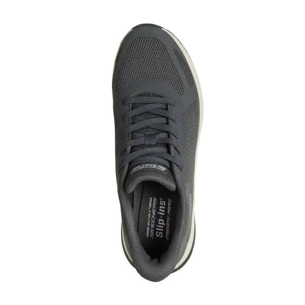 Skechers Bobs Squad 4 men's charcoal slip-on trainers with breathable mesh upper and cushioned insole.