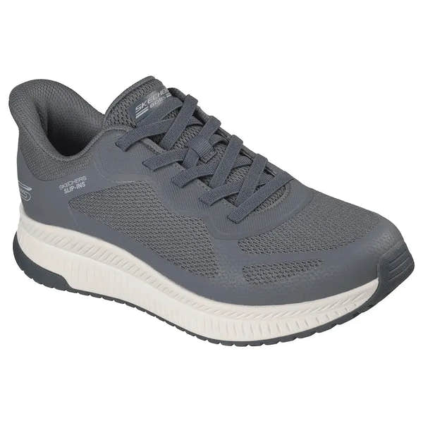 Skechers Bobs Squad 4 men's charcoal slip-on trainers with cushioned sole and breathable mesh upper.