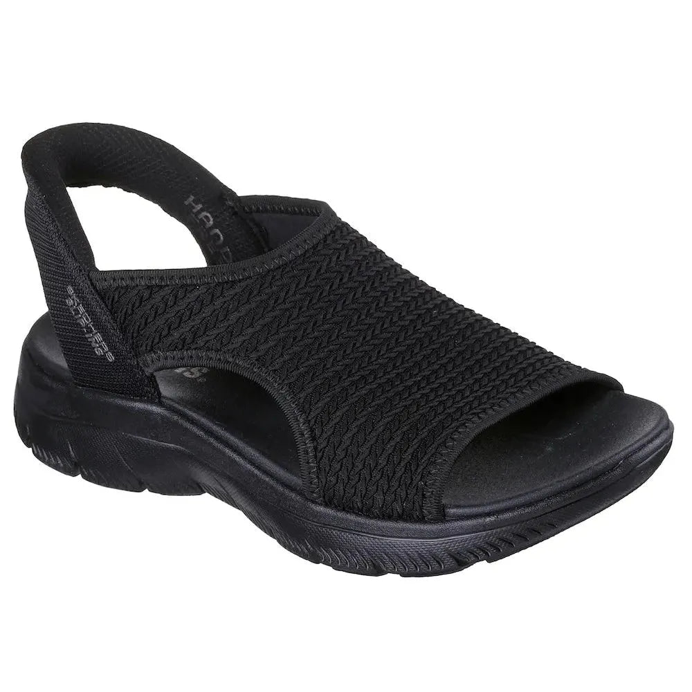 Skechers Summits Sandal for women, black vegan textile with elasticated strap, cushioned sole, casual open-toe design.