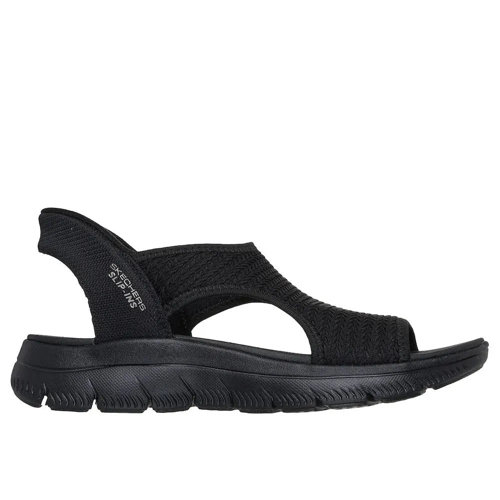 Skechers Summits Sandal for women in black textile, vegan elasticated design, sporty comfort, lightweight, outdoor footwear.