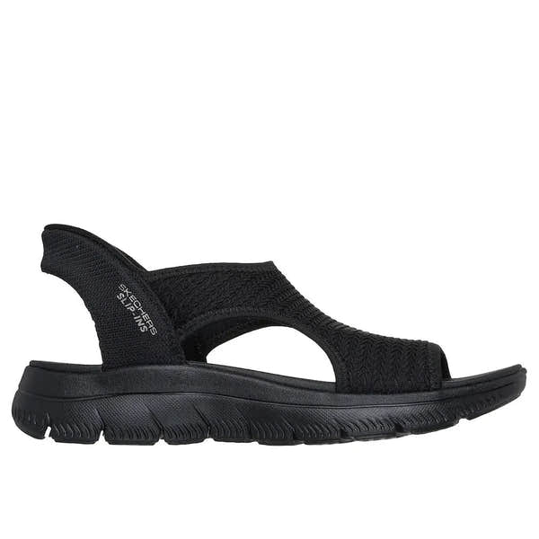 Skechers Summits Sandal for women in black textile, vegan elasticated design, sporty comfort, lightweight, outdoor footwear.