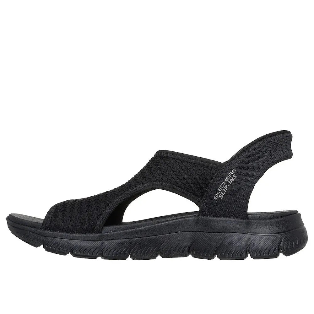 Skechers Summits Sandal for women, black textile vegan elasticated strap, cushioned sole, sporty open-toe sandal.