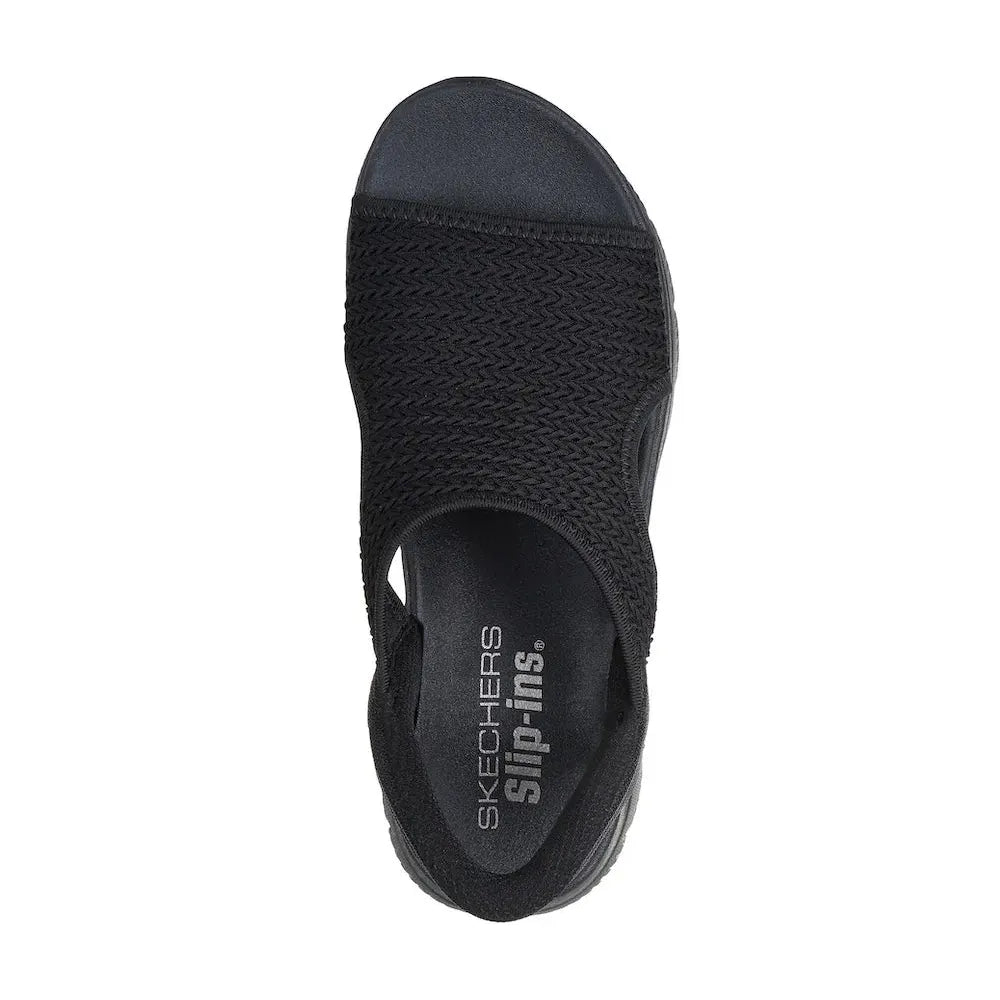 Skechers Summits Sandal for women, black vegan elasticated textile slide sandal, lightweight and comfortable.