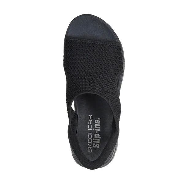 Skechers Summits Sandal for women, black vegan elasticated textile slide sandal, lightweight and comfortable.