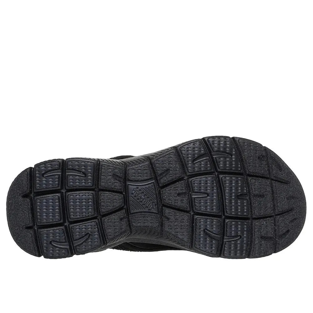 Skechers Summits Sandal for women, black textile vegan elasticated slip-on sandal with cushioned sole and textured outsole.